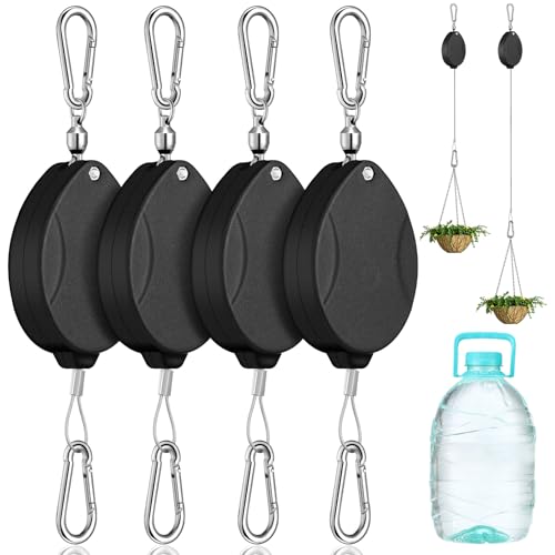 Leinuosen 4 Pack Upgraded Plant Pulleys for Hanging Plants Heavy Duty Retractable Plant Hanger, 304 Stainless Steel Rope Adjustable Climbing Hook for Garden Baskets Pots, Birds Feeder (Black) - color: Black