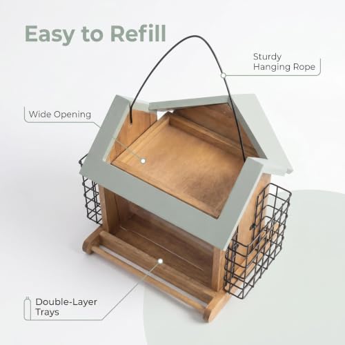 Wood Hopper Bird Feeder with Double Suet Cage, 10 lb Large Capacity Hanging Wild Bird Feeder for Outdoor, Garden Bird Feeder with Weatherproof Roof