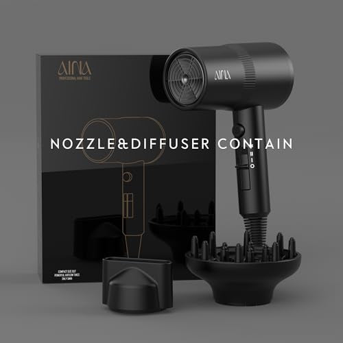 AINA Diffuser Hair Dryer Full-Featured Blow Dryer 110V/1600W(Vader Black) | 3 Heat/2 Speed|Cold shut button|Lightweight|Compact Size|High Temp|Low Airflow|Same Results|Less Expense - color: Vader Black, size: 3 Piece
