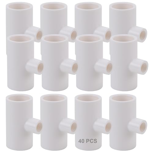 40 Pack PVC Tee Fittings for Threaded Chicken Nipples and Feeder Cups, White Chicken Watering System Accessories