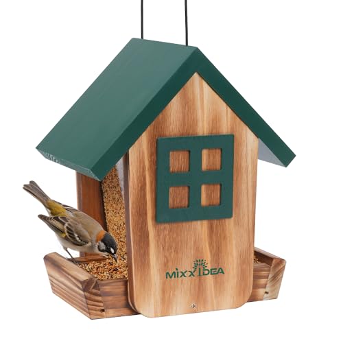 Wooden Hanging Hopper Bird Feeder for Outdoors with Weatherproof Roof Green | Bird House Feeder Attracts Various Wild Birds Cardinals, Bluebirds For Backyard, Yard And Patio Hanging Feeding - color: Green