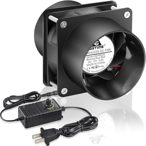 GDSTIME 80mm Small 12V DC Axial Exhaust Fan with AC Plug, 3 Inch Flanges | Variable Speed, Dual Ball, High Speed, for Soldering, Laser Engraver, 3D Printer, DIY Cooling Ventilation Exhaust Projects - style: 8038 Fan + 2 Flanges