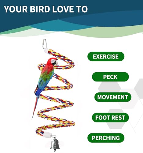 63'' Bird Rope Perches Birdcage Swing Toys 100% Cotton Natural Bird Perch Peck/Chewing with Vintage Bell Climbing Standing Bungee Parrot Toys for Small to Regular Size Parrot Cockatiel Birds - size: 63 inches (1 piece)