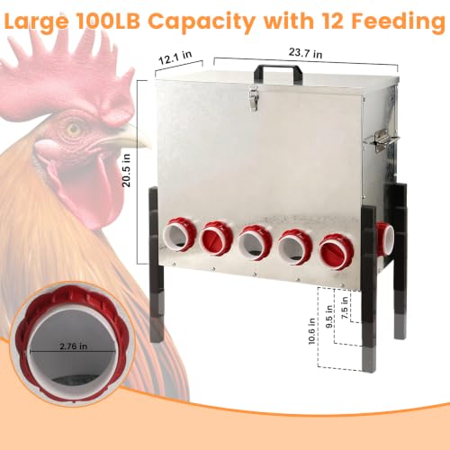 100LB Automatic Chicken Feeder with Cover – Large Capacity Metal Chicken Coop Feeder with 12 Feed Ports, Adjustable Legs Rainproof No Waste Outdoor Poultry Feeder for Hens & Free Range Flocks - size: 100LBS
