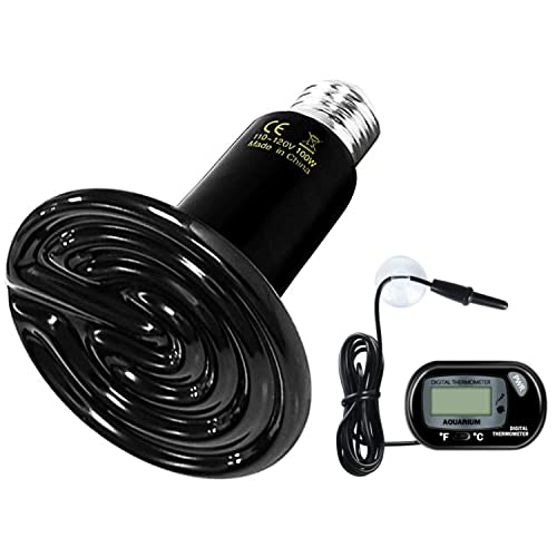 Simple Deluxe 100W Ceramic Heat Lamp Reptile Heat Emitter Heater Lamp Bulb No Light with Free Digital-Thermometer, for Pet Brooder Coop Chicken, Dragon Turtle Lizard Snake Aquarium Tank - size: 1-Pack+Thermometer, style: Black