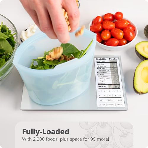 Greater Goods Perfect Portions Nutrition Food Scale for Carb Counting, Grey | Plan meals & size every portion with instant nutrition facts on 2,000 foods, custom recipe codes, daily totals, 11lb capacity