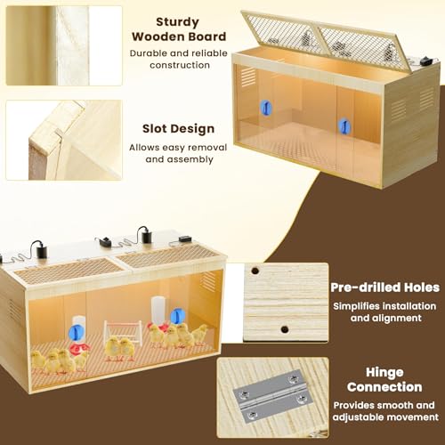 Brooder Box for Chicks, 32 Inch Wooden Large Chicken Brooder Box with 75W Heating Lamps, Thermometer, Chicken Feeder & Waterer Set, Tin Foil, Poultry Breeding Kit, for 12-15 Chicks Ducks Quail