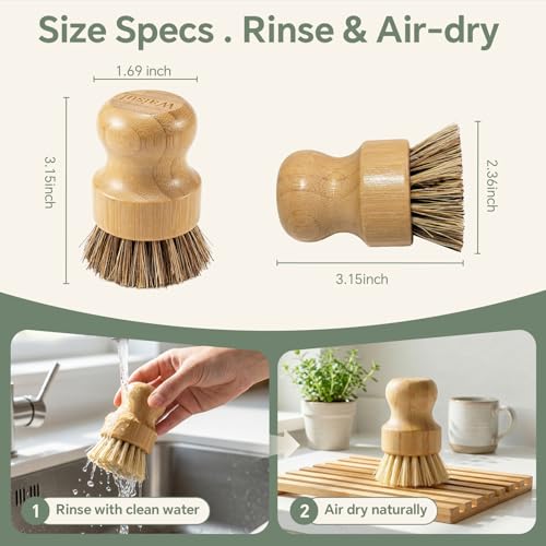 Bamboo Dish Brush Set, 4 Pack, Plastic-Free (2 Medium Sisal, 2 Firm Coconut Coir), Dish Scrubber & Vegetable Brush for Cast Iron, Nonstick