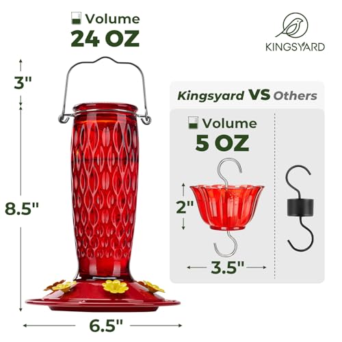 Kingsyard 2 Pack Glass Hummingbird Feeder for Outdoors with Ant Moat | 24 oz, Wide-Mouth Opening, 6 Metal Feeding Ports, Bee Guard, Easy to Clean & Refill Nectar, 360 Degree Perch, Red - color: Red
