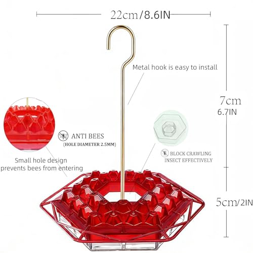 Hummingbird Feeder with Ant-Proof Moat Hummingbird Feeder, Easy to Clean and Refill Includes Hanging Hook, Features 30 Feeding Ports (Red 1PCS) - color: Red 1PCS