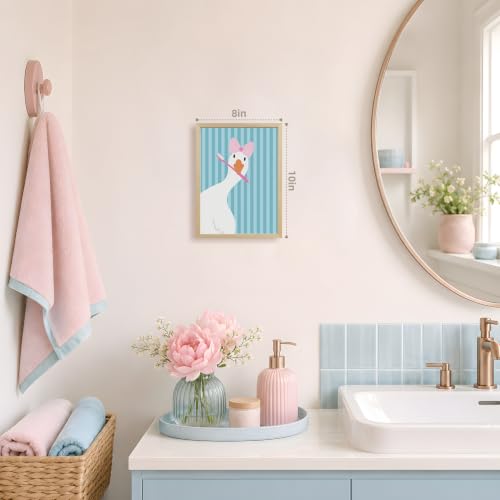 GELDSTEI Wood Framed Funny Brushing Teeth Goose Bathroom Wall Art 8x10 in | Funny Soft Tone Wall Decor, Pink Bow and Toothbrush Goose Art Print, Bathroom Decor for Nursery and Powder Room - color: Goose, size: 10"L x 8"W