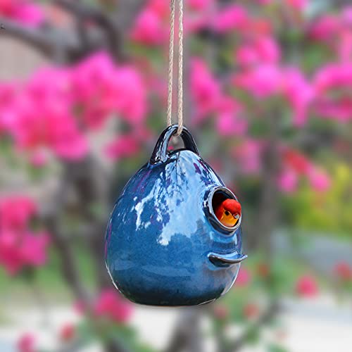 Kimdio Birdhouse Ceramic Hanging Birdhouses Bird Hut Hanging Outdoor Birdhouse for Wild Birds, Finch, Cardinal, and Bluebird - Blue - color: b - Blue