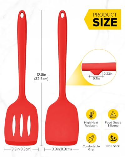 Pack of 2 Silicone Spatula Turners, Non Stick Slotted Kitchen Spatula Set, Heat Resistant BPA Free Kitchen Utensils, One-Piece Design, Suitable for Flipping Fish, Eggs, Steak, Pancakes (RED) - color: Red