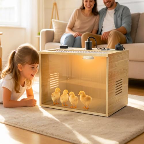 Chicken Brooder Box for Chicks Starter Kit, 16 Inch Wooden Chicken Brooder Box with 75W Heating Lamps, Thermometer and Tin Foil, Poultry Breeding Kit, for 5-7 Chicks Ducks Quail Hamsters