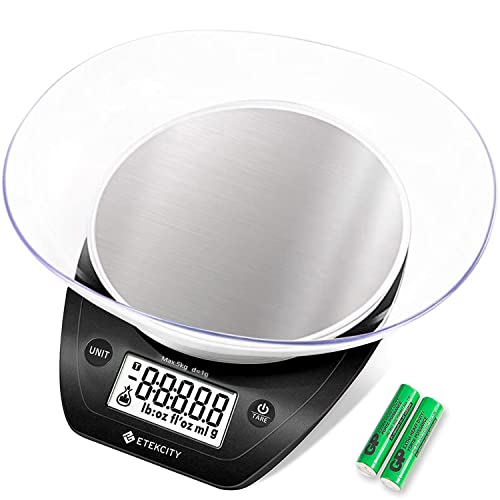 Etekcity 0.1g Food Scale, Bowl, Digital Grams and Ounces for Weight Loss, Dieting, Baking, Cooking, and Meal Prep, 11lb/5kg, Stainless Steel Black | 11lb/5kg capacity with tare, removable bowl, ideal for baking, coffee, meal prep and portion control, Stai