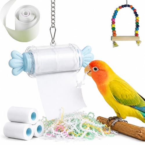 Bird Shredding Toys for Parrots,Parrot Rolling Paper Play Toy with Hanging Chain with Tissue Refill Packs,Interactive Chewing Accessory for Parakeet Cockatiel & Medium Parrot Cage Use (Blue+3Tissues) - color: Blue+3Tissues
