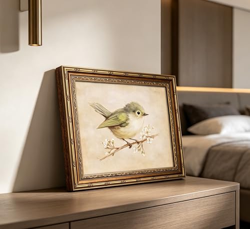 Vintage Gold Framed Bird Wall Art, Green Bird on Blossom Branch Oil Painting Canvas Print, Antique Cottagecore Nursery Wall Decor, Retro Neutral Floral Botanical Poster Artwork for Bedroom Living Room - color: Bird-1, size: 16"L x 12"W