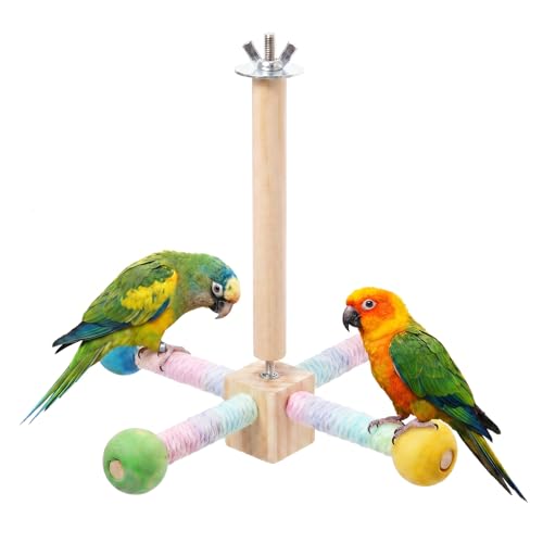 360° Spinning Parrot Perch Toy Rainbow Cotton Rope Natural Wood Parrot Toys Interactive Bird Cage Accessories Relieve Boredom Anxiety for Conures Cockatiels Lovebirds Small Medium Birds