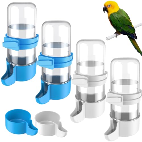 Pawfly 4 Pcs Bird Water Dispenser, Cage Accessories for Parrot & Hamster, Bird Feeder for Cage, White & Blue Waterer for Small Parakeet Cockatiel Budgie Lovebirds - size: 4PCS