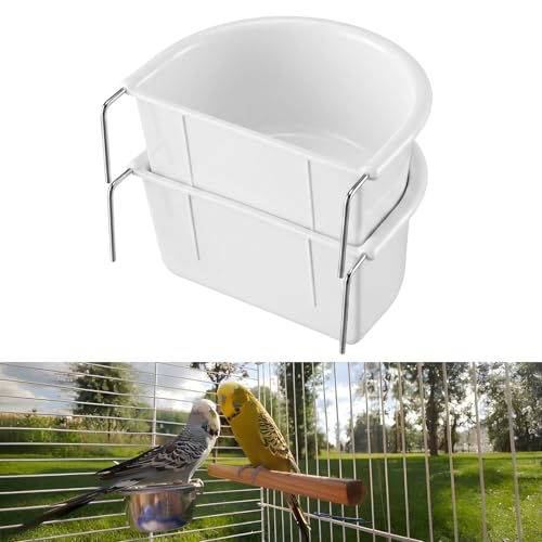 2-Pack Bird Cage Feeder, Plastic Hanging Bird Food Bowl Cups Feeder with Metal Hooks White Food and Water Dispenser Bowl for Small Birds Parakeet Parrots