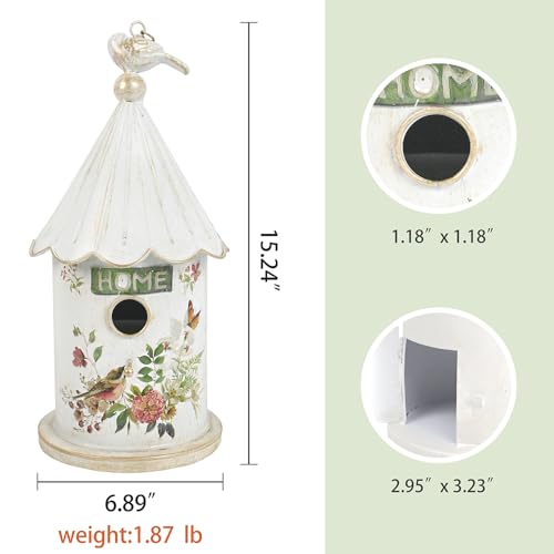 Metal Hanging Birdhouses for Outdoors Bird Houses for Outside Unique Bird Nest for Bluebird Wren Chickadee Sparrow Bird Nest Box for Garden Patio - color: White