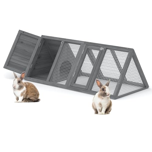 Rabbit Hutch, Small A-Frame Chicken Coop Outdoor w/ 2 Door & Run Cage(Gray) | Wooden Triangle Quail Hutch w/ Ventilating Wire Poultry Hutch for Small Animal Quail Cage Backyard - color: Gray