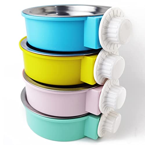 NSBELL 4PCS Crate Dog Bowl, Plastic Bowl & Stainless Steel Bowl Removable Hanging Food & Water Feeder 2-in-1 Cage Bowl Coop Cup for Cat, Dog, Birds with 4 Pet Food Spoons