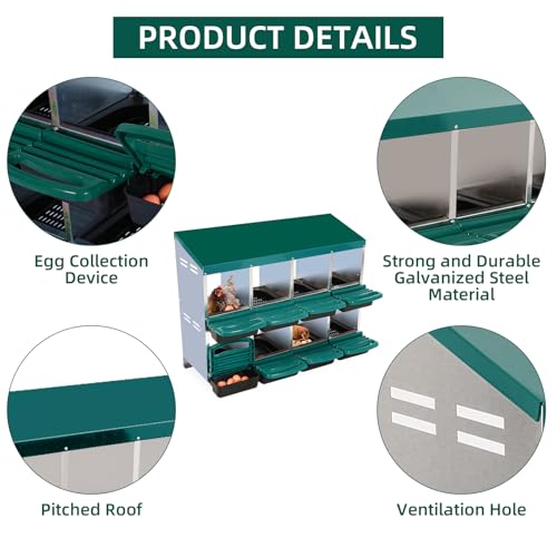 GarveeHome 2-Tier Chicken Nesting Box, 8 Compartment Metal Chicken Laying Boxes with Waterproof Roof ＆ Removable Trays for Hens, Poultry，Easy Egg Collection - color: Green, size: 8 holes