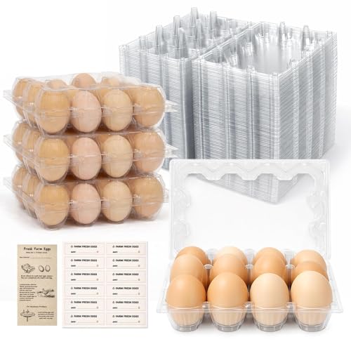 WIKDAY Plastic Egg Cartons 100 Pack 12 Count Cheap Bulk Clear | with Date Tracking Stickers Egg Care Instructions, Dozen Reusable Empty Egg Containers for Chicken Eggs Storage Farm Markets