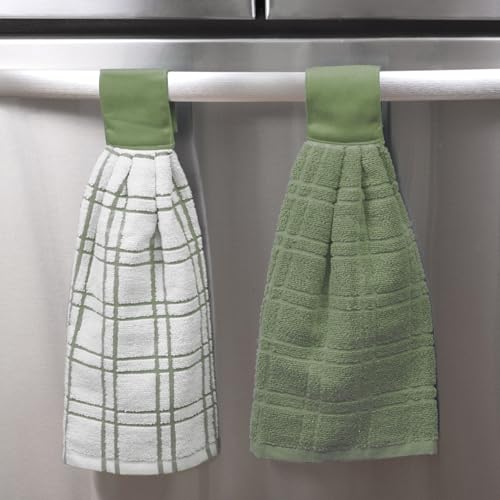 Ritz Premium 100% Cotton Solid and Multi Check Kitchen Tie Towel Absorbent, Super Soft, and Fast Drying Hang Towel, Set of Three, Juniper - color: Juniper, size: Solid & Check, 3-Pk