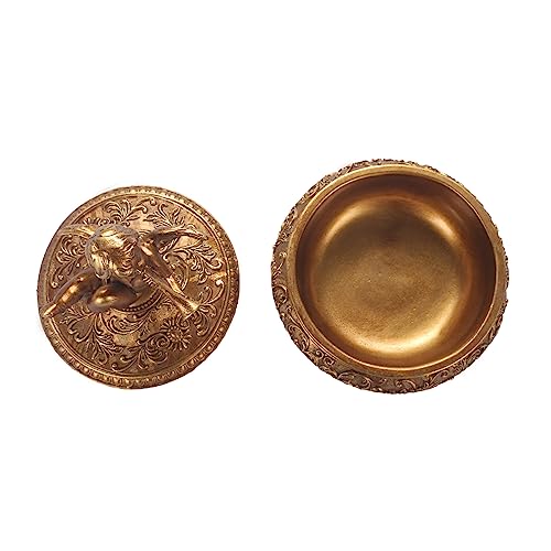 S-MANTIS Vintage Box Antique Trinket Organizer Rings Earrings Storage Gilded Round Box With Sophisticated Floral Decor And Cherub Playing The Trumpet Lid Keepsake Unique Gift (Antique Gold-Round) - color: Antique Gold-Round
