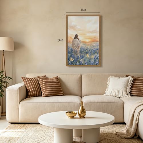 RLKHG Wood Framed Jesus Holding Child Wall Art, Inspirational Religious Faith Poster Print, Christian Nursery Wall Decor, Christian Flower Field Watercolor Artwork for Baby Room Church 12x16 Inch - color: JesusFlower, size: 16"L x 12"W