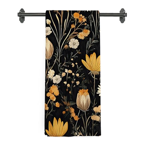 Dark Cottagecore Floral Kitchen Towels, Vintage Wildflower Hand Towels for Bathroom, Aesthetic Flower Botanical Dish Tea Towel for Kitchen, 16x24 Inch - color: Yellow Floral