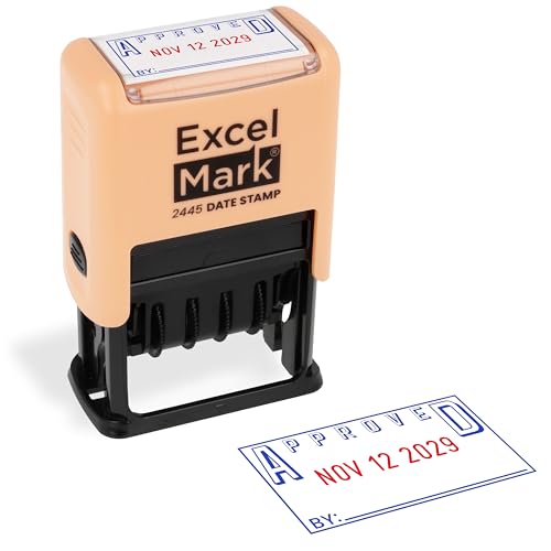 ExcelMark 2445 Date Stamp with Text - Blue and Red Ink (Peach Mount, Approved) - color: Peach Mount, size: Approved