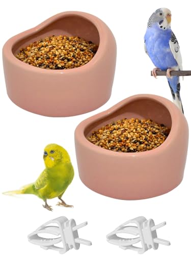2 Pcs Bird Food Bowl Small Ceramic Bowls for Birds Parakeet Food Bowl Parrot Feeding Cups, Bird Cage Feeder with 2 Plastic Feeding Clips for Parakeets Conure Cockatiels Lovebird Budgie (Pink) - color: Pink