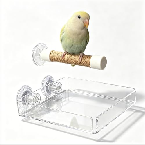 Suction Cup Bird Perch – Jute Rope Stand with Removable Acrylic Poop Tray, Multi-Surface Window Shower Car Travel Perch for Small to Medium Parrots, Budgies, Cockatiels, Lovebirds, Conures (medium)