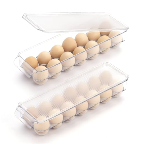 Egg Holder Container for Fridge with Lid and Handle, Clear Plastic Egg Storage Organizer Bins for Refrigerator, Stackable Tray Holds 14 Eggs. (28 Eggs, 2 Packs)