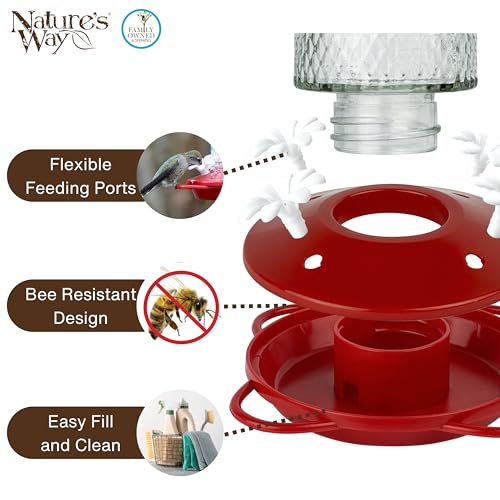 Nature's Way Hanging Glass Hummingbird Feeder for Outdoor Décor, 13 Ounce Capacity Nectar Feeder, Ant Moat, 4 Easy to Clean Flexible Ports, Red - style: 13 Ounce Capacity