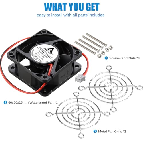 GDSTIME 60mm x 25mm 12V IP67 Waterproof Cooling Fan 2Pin Dual Ball Bearing | 60x60x25mm, 4500RPM High Speed, Brushless DC, 50000hr Lifespan, IP67 Rated, For Solar Battery Box, Incubator Replacement - size: 60x25mm