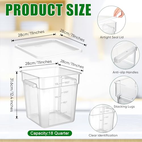 FoldTier 2 Pieces Square Food Storage Containers Polycarbonate Clear food Container with Lid Commercial Storage with Graduations for Commercial Kitchen Dough Marinating Meat (White,18 Qt) - color: White, size: 18 Qt