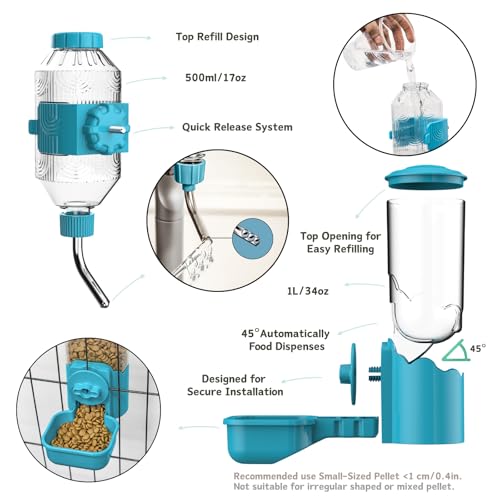Automatic Pet Food Water Dispenser, Auto Gravity Pet Feeder Water Bottle Set for Cage, Feeding Station for Puppy Kitten Rabbit Guinea Pigs Chinchilla Ferret Hedgehog (Blue) - color: Blue