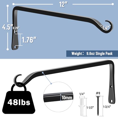 2 Pack 12 Inch Hanging Plant Bracket Wall Hooks Decorative Plant Hangers for Outdoor Hanging Bird Feeders, Wind Chimes, Plant Baskets, Black - color: Black-L, size: 12 Inch