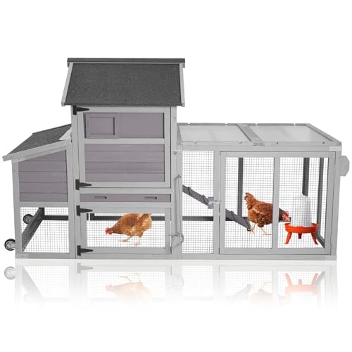 Aivituvin Expandable Mobile Chicken Coop with Wheels for 4–6 Chickens, Reinforced Nesting Box, Full-Cover UV Roof, Weatherproof Outdoor Hen & Duck House with Metal Tray, 77" L x 33.3" W x 46.5" H - color: Grey, size: 77"L x 33.3"W x 46.5"H