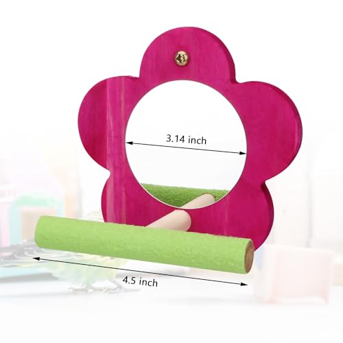 Hypeety Bird Mirror Toy with Perch Cage Standing Perch Wood Toy for Parrots | Natural wooden perch included, clear acylic miror, for parakeet/cockatiel/finch/conure/lovebird, random color, flower shape - color: Flower Shape