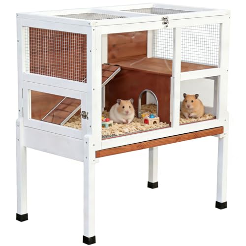 2-Story Guinea Pig Cage with Stand, Indoor Wooden Hamster Cage with Ramp, Pull-Out Tray, Hideout & Platform, Acrylic Transparent Small Animal Habitat for Chinchillas, Ferrets, Hedgehogs, Walnut - color: Walnut