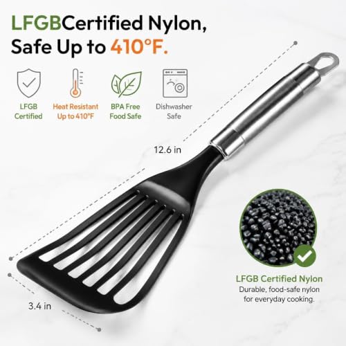 2 Pack Thin Flexible Fish Spatula for Nonstick Cookware, Black | Egg Flipper Turner, 1 Medium 1 Long Size, Hollow Steel Handle Slotted Angled LFGB Complaint Nylon Blade, Dishwasher Safe - size: Medium (2 Pack)