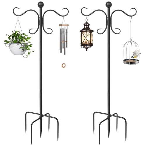 AOMGD 2 Pack 76 Inch Adjustable Double Shepherds Hooks for Outdoor Heavy Duty, Two Sided Garden Bird Feeder Pole for Hanging Plant Baskets, Solar Lights, Weddings Decor | Two Sided Garden Heavy Duty Bird Feeder Pole for Hanging Plant Baskets, Solar Lights