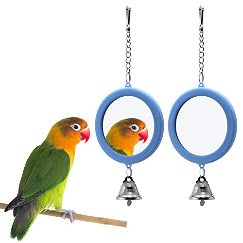 2PCS Bird Mirror with Bell Parrot Hanging Interactive Playing Toy for Cockatiel Parakeets Canaries Budgie Cage Accessories (Blue) - color: Blue