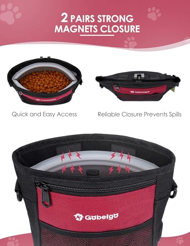 4 Cup Dog Treat Pouch with Silicone Insert Bag& Clicker(Red) | 2 Pair Magnetic Closures, Belt Clip/Waist Belt/Crossbody Wear, Zipper Pocket Poop Bag Holder for Pet Training/Daily Walking - color: Red