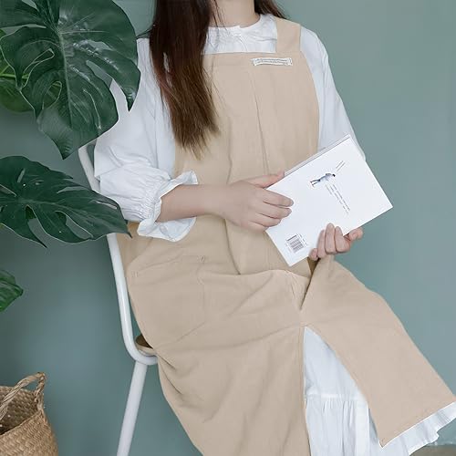 Cotton Aprons for Women and Men | Cross-Back Apron with Pockets - color: Oatmeal
